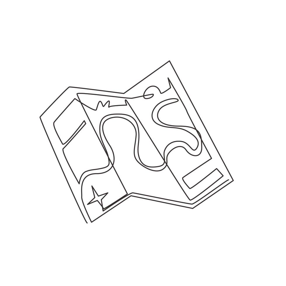 Continuous one line drawing map for traveling in doodle style. Folded paper map with a route. Map for camping, hiking, local tourism. Route on map. Single line draw design vector graphic illustration