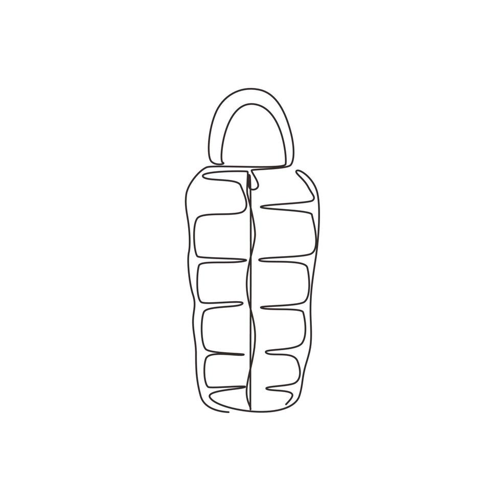 Single one line drawing sleeping bag spread out, ready to use. Packed in roll, compressed by bag. Camping equipment for sleep. Picnic, travel inventory. Continuous line draw design vector illustration