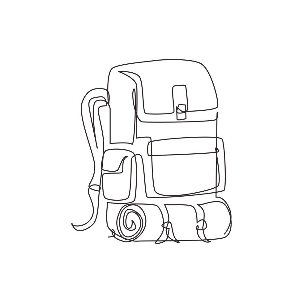 Single continuous line drawing camping backpack for hiking, travel and tourism isolated on white background. Backpack for camp gears, mats, sleeping bags. One line draw design vector illustration