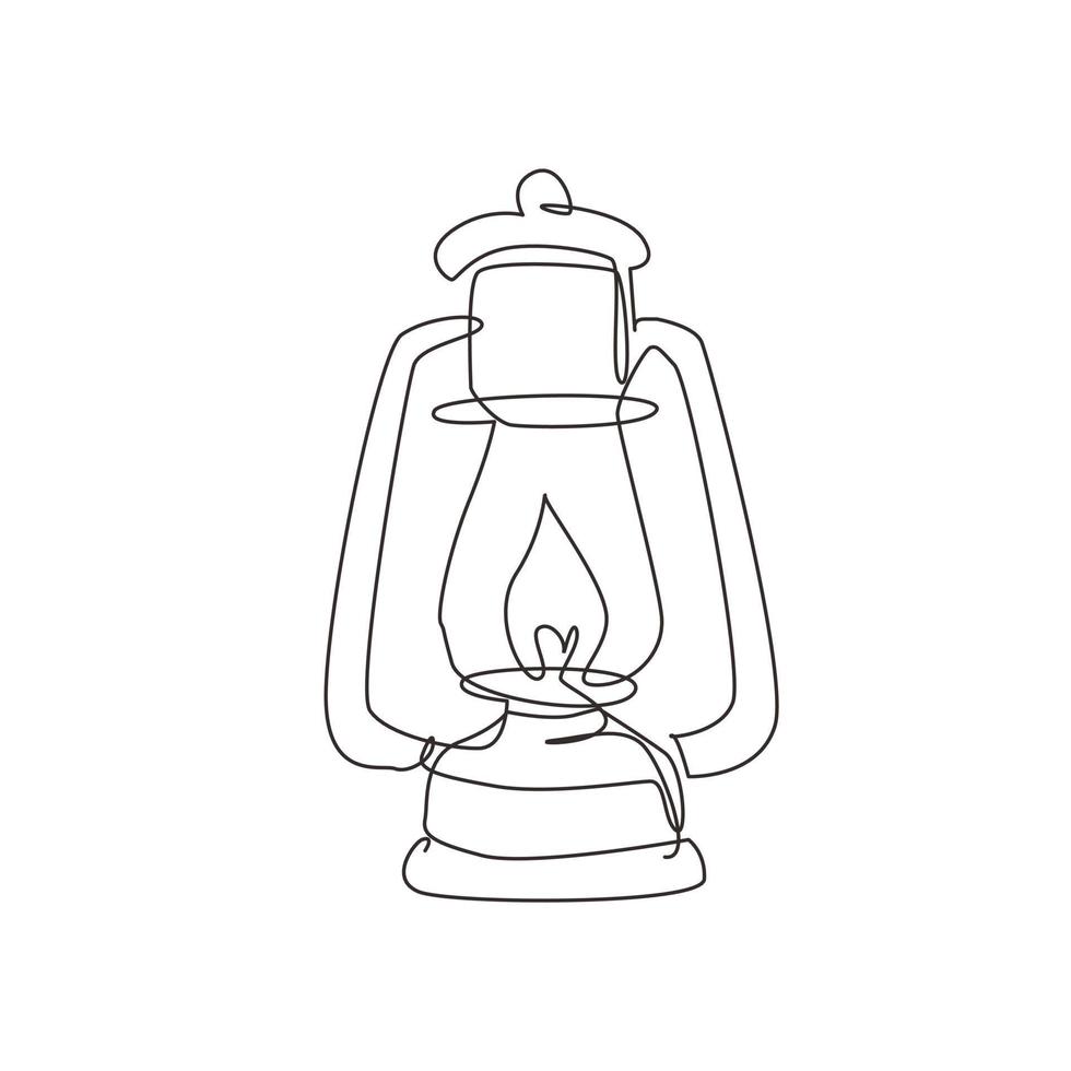 Single continuous line drawing vintage camping lantern on white background. Retro gas lamp with glowing fire wick. Handle gas lamps for tourist hiking. One line draw graphic design vector illustration