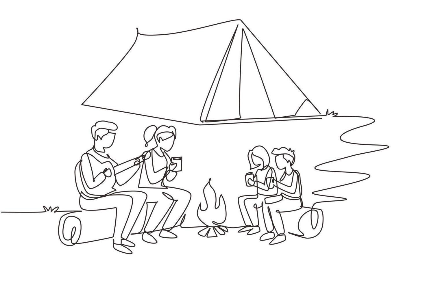 Continuous one line drawing cheerful family camping with bonfire at night. Drinking tea sitting on logs. Father playing guitar and sing song with children. Single line draw design vector illustration