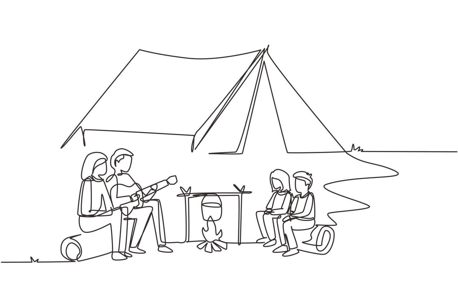 Single continuous line drawing happy family around campfire tent boil water in pot and sitting on logs. Dad playing guitar and sing song with mom and children. One line draw design vector illustration