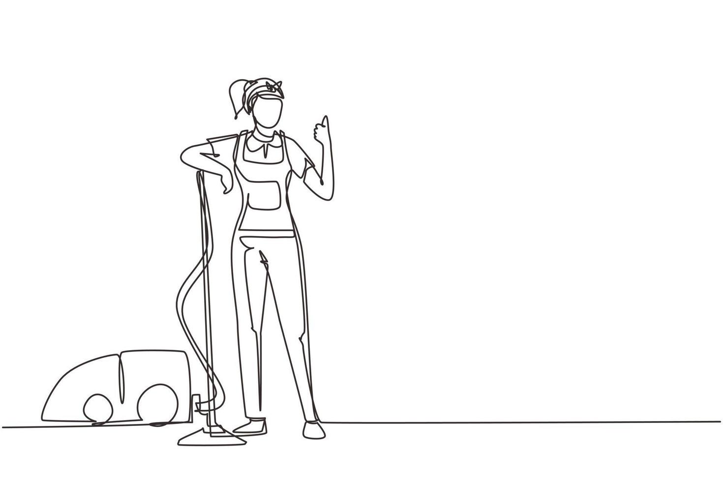 Single continuous line drawing worker of cleaning service. Woman dressed in uniform with vacuum cleaner. Washing, cleaning service. Disinfection and cleaning one line draw design vector illustration