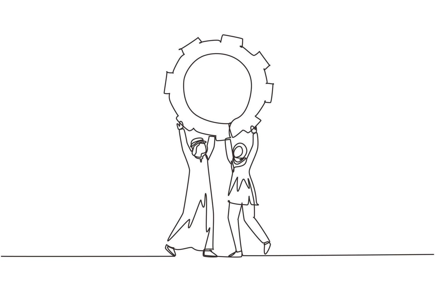 Single one line drawing collaboration. Arabian man woman lifting gears. People working with cogs. Professional teamwork process cooperation concept. continuous line draw design vector illustration