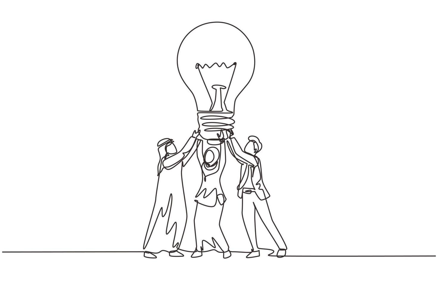 Single continuous line drawing group Arabian people hold huge lamp new idea. Success in business rely on teamwork, good planning, finding creative solution. One line draw design vector illustration