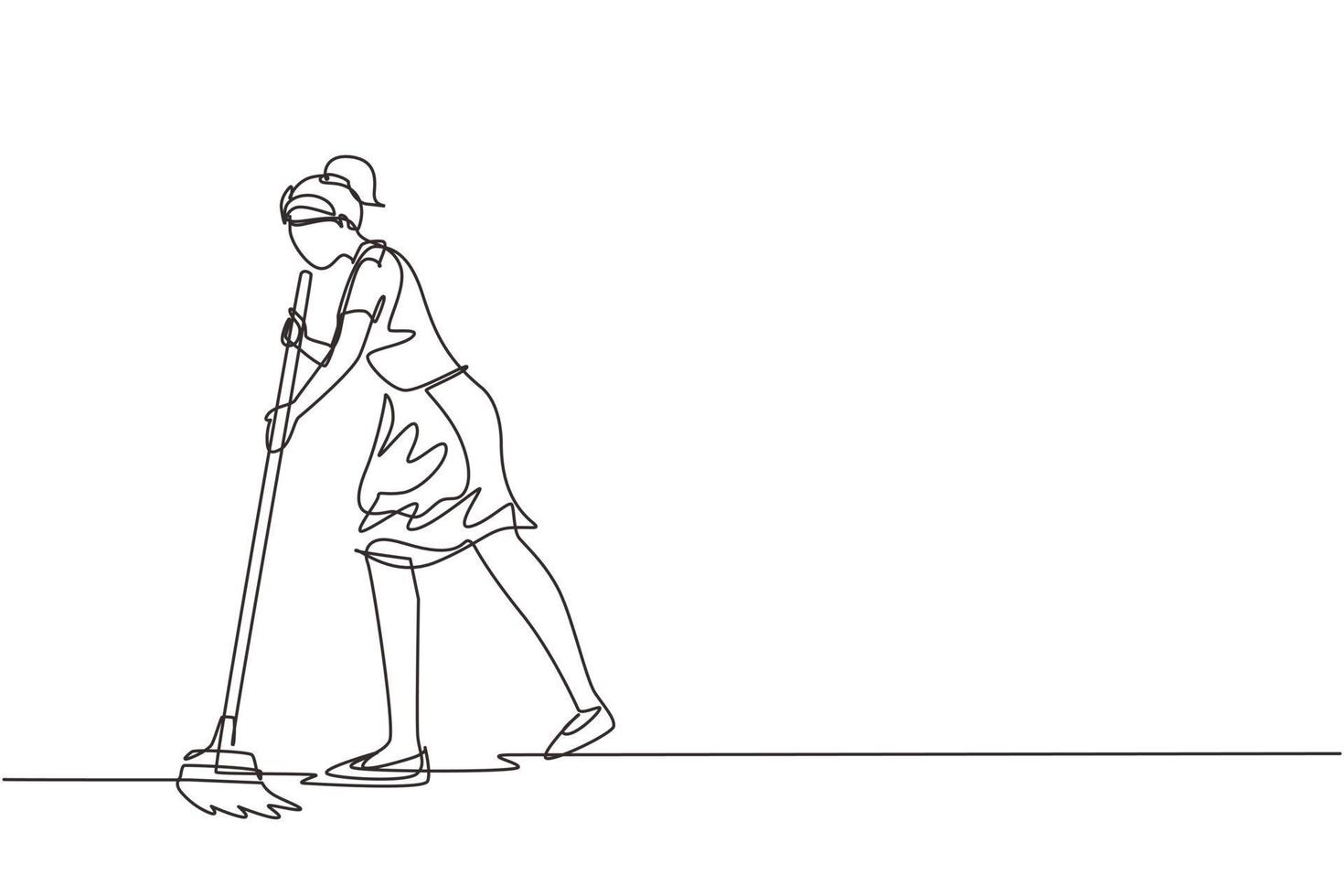 Single continuous line drawing female mopping floor at office. Cleaning workers. Professional cleaning staff, domestic cleaner worker and cleaners equipment. One line draw design vector illustration