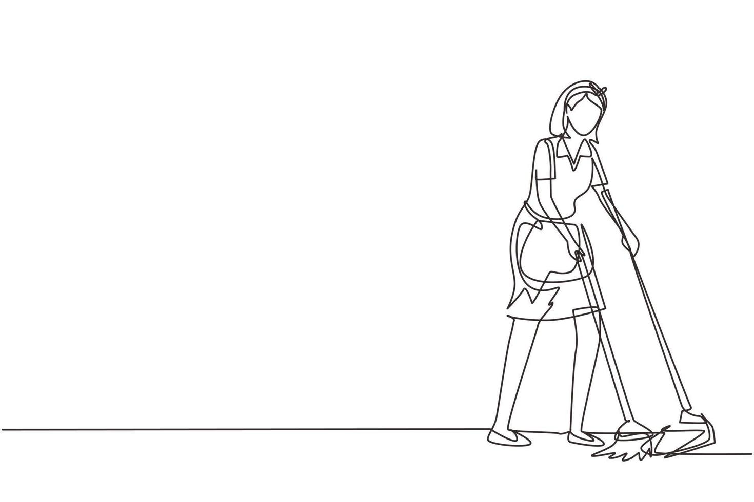 Continuous one line drawing housekeeping girl worker with broom