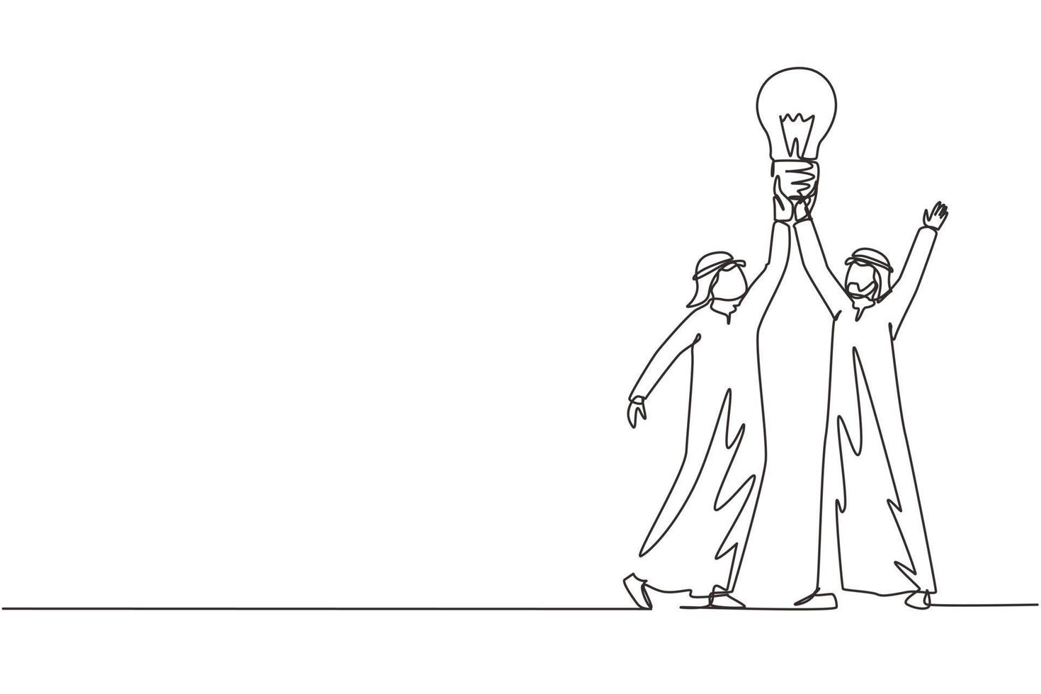 Continuous one line drawing goal achievement, winning, teamwork. Team Arabian businessman holding light bulb. Successful trouble solution idea creation. Single line draw design vector illustration