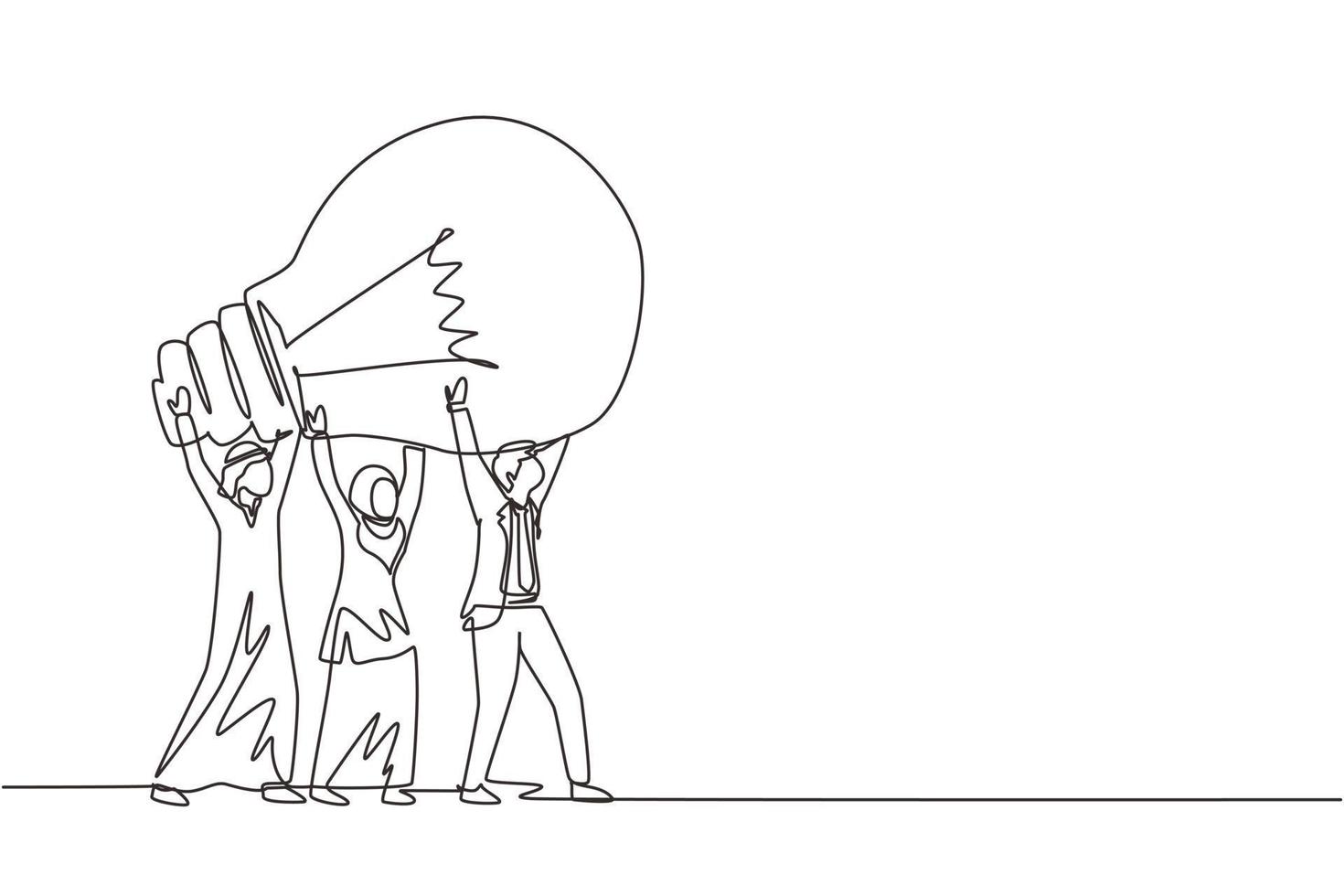 Continuous one line drawing concept of joint teamwork, building business team. Arab men women hold and lift light bulb. Idea generation, creative search. Single line draw design vector illustration