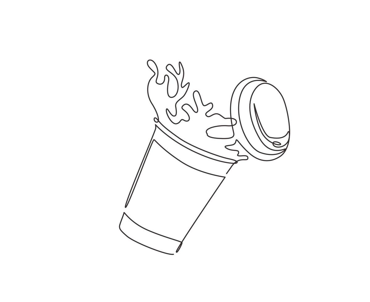 Single one line drawing falling disposable paper cup with coffee splash. Splash of coffee in paper cup. Hot coffee paper cup of spilling coffee creating splash. Continuous line draw design vector