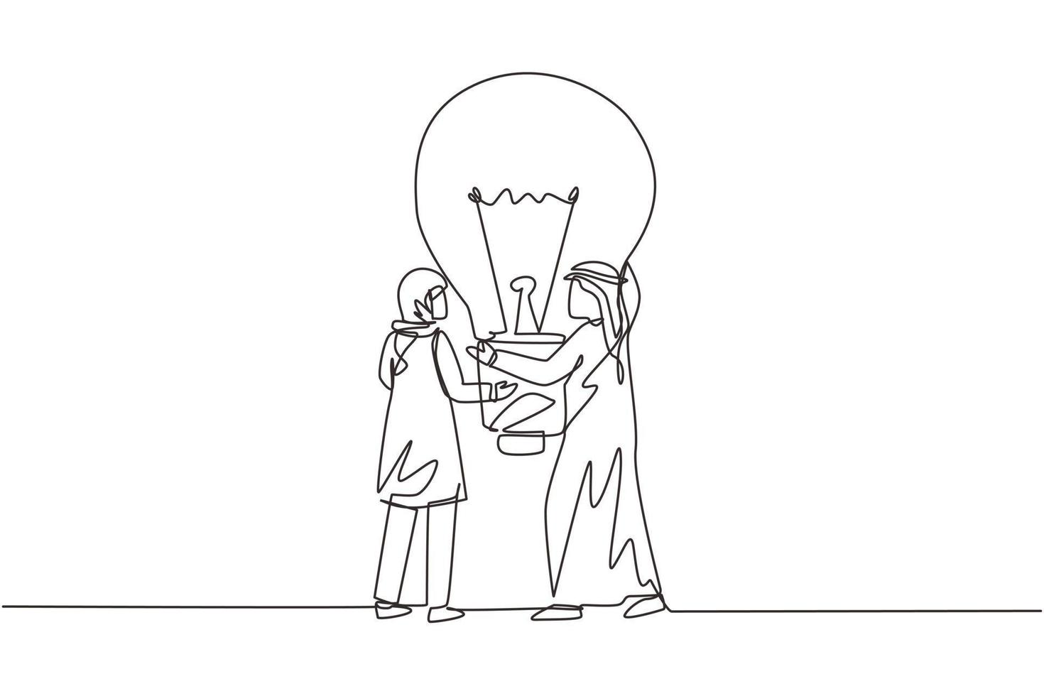 Single continuous line drawing two Arab people hold big idea bulb. Creativity, brainstorming, teamwork. Man woman holding bulb up, symbol of finding solution. One line draw design vector illustration