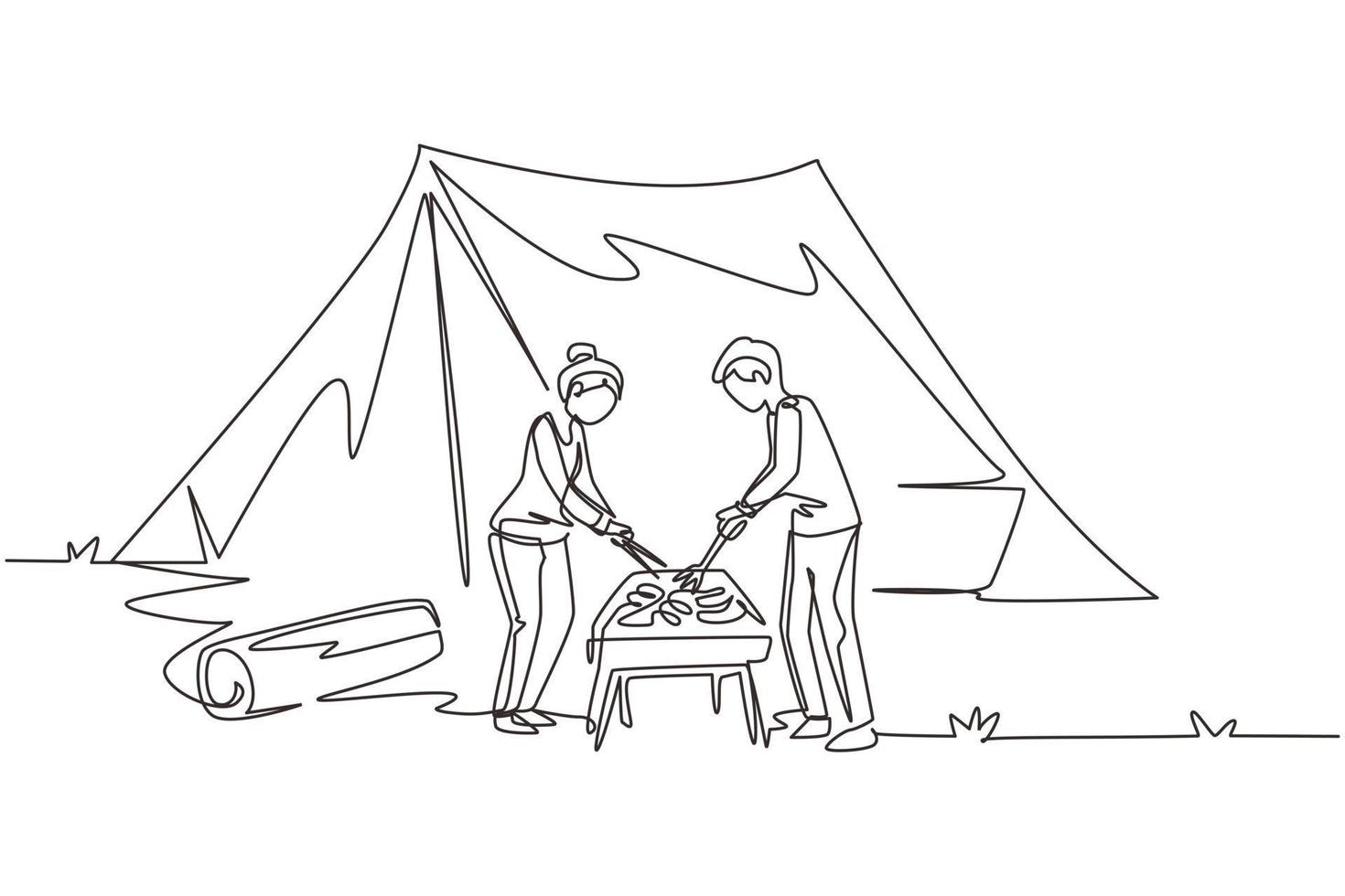 Single one line drawing happy couple are having barbecue in the mountain. Man woman camping in forest, active recreation, romantic date out of town. Continuous line draw design vector illustration