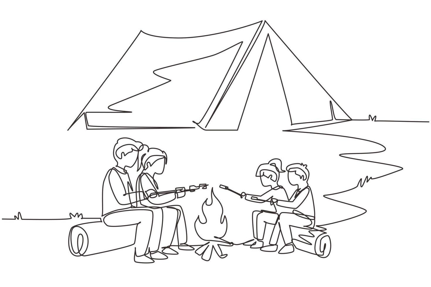 Single one line drawing happy family sit by campfire. Cheerful tourists, campers. Mom dad and kids roast marshmallows. Night camping adventure trip. Continuous line draw design vector illustration