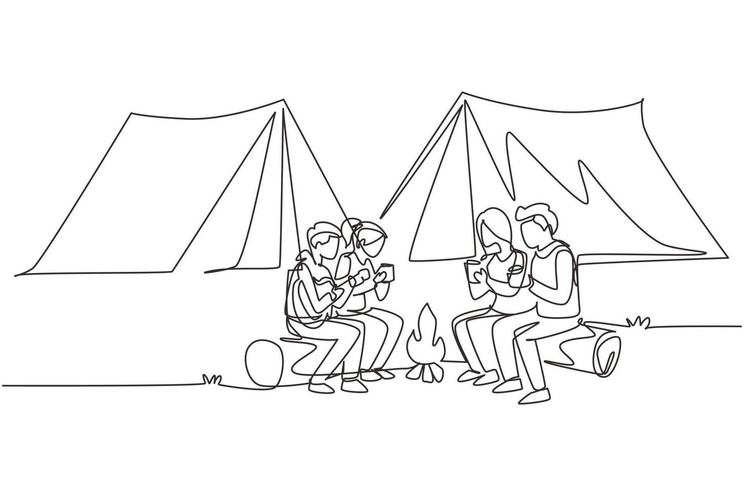 Continuous one line drawing two pair man and woman getting warm near bonfire. Group of people camping drinking tea sitting on logs and man playing guitar. Single line draw design vector illustration