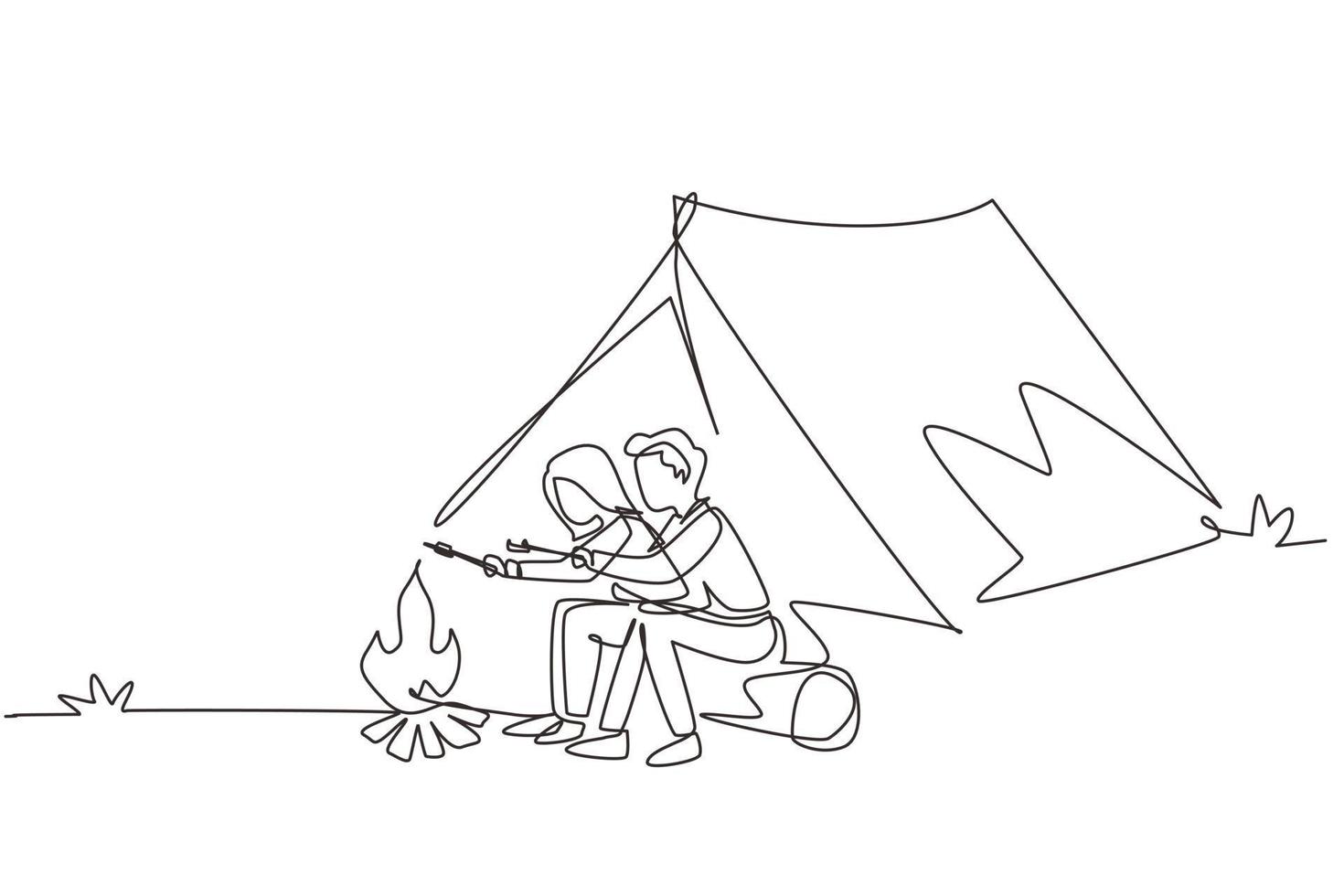 Single one line drawing happy romantic couple summer camp. Man woman sitting by fireplace on log. Bonfire with marshmallow. Outdoor vacation in forest. Continuous line draw design vector illustration