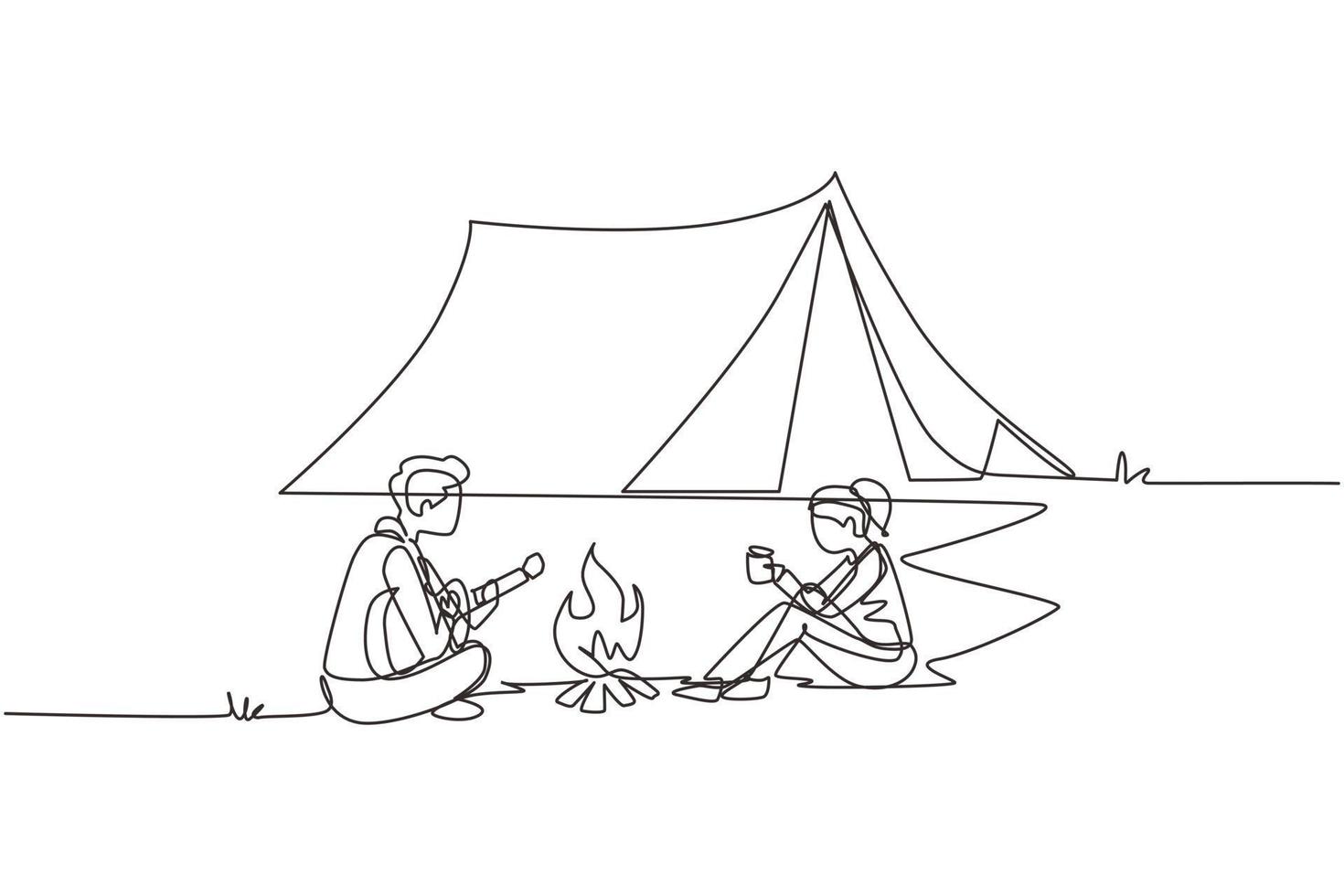 Single continuous line drawing camping couple around campfire tents. Man playing guitar and woman drinking hot tea getting warm near bonfire sitting on ground. One line draw design vector illustration