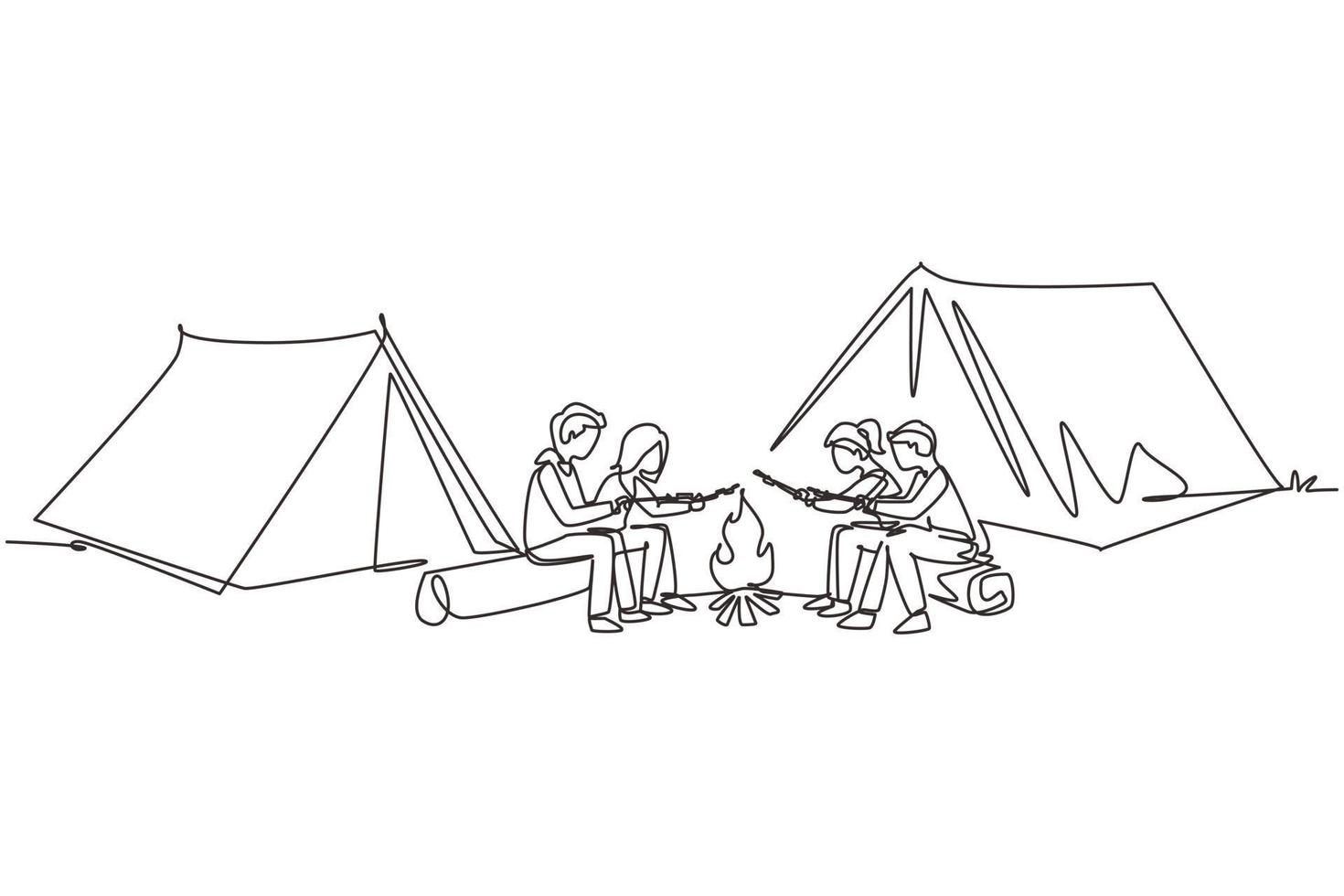 Single continuous line drawing friends sit on logs by campfire. Young tourists, campers in forest. Students roast marshmallows. Night camping entertainment. One line draw design vector illustration