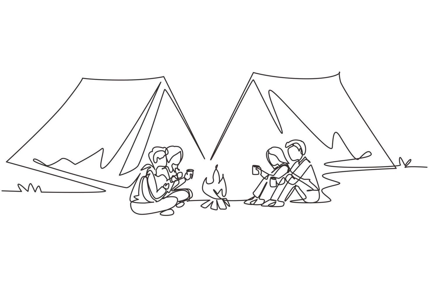 Single one line drawing two couple camping around campfire tents. Group of people sitting on ground, drinking hot tea, man playing guitar, getting warm near bonfire. Continuous line draw design vector