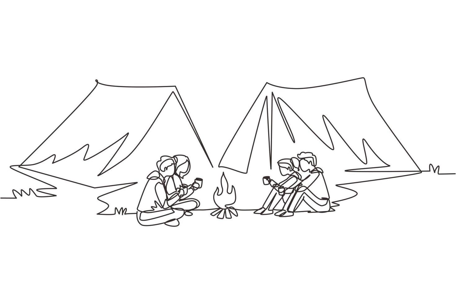 Continuous one line drawing two couple camping around campfire tents. Group of man woman sitting on ground and drinking hot tea getting warm near bonfire. Single line draw design vector illustration