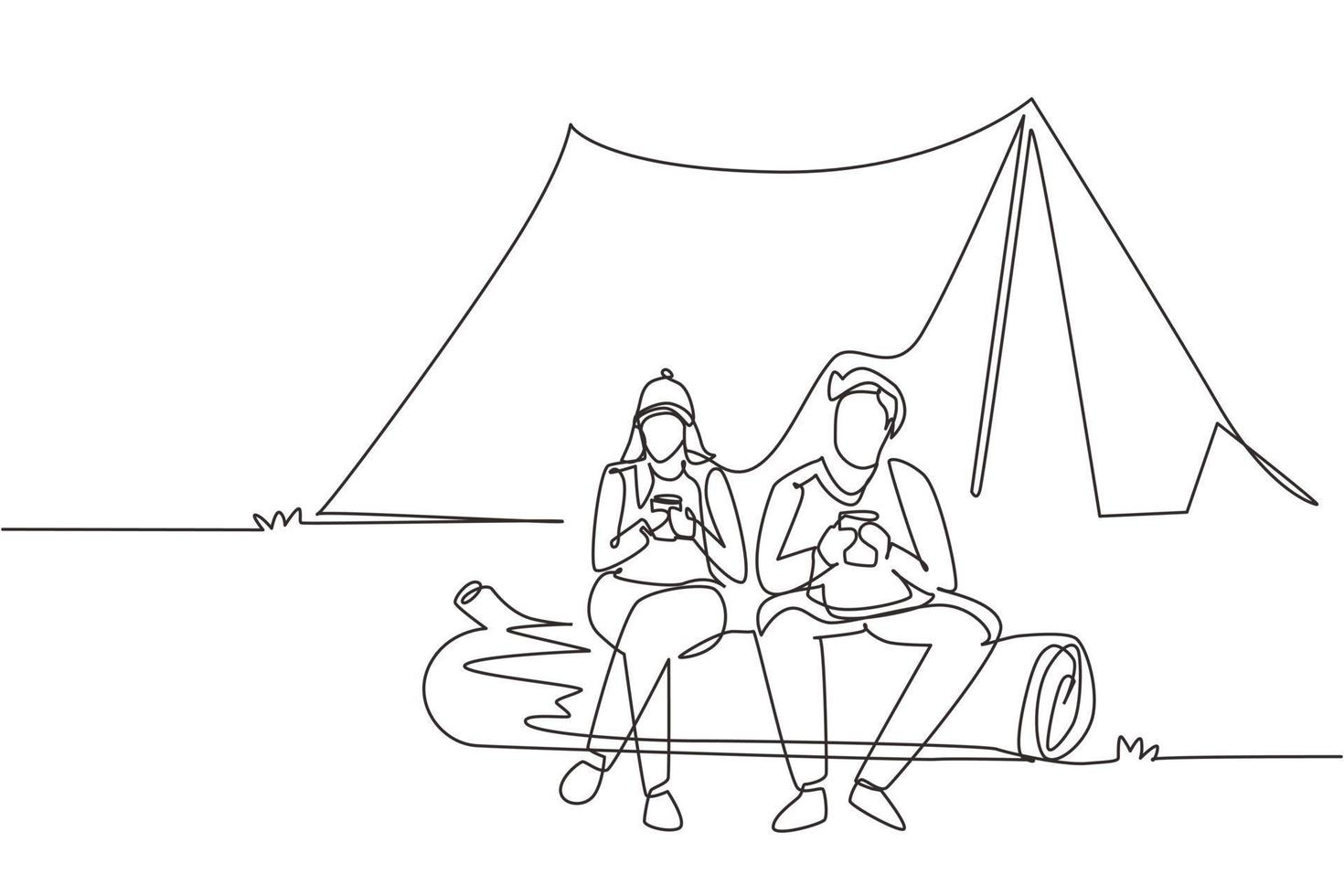 Single continuous line drawing couple sit on log near bonfire, active recreation, romantic date camping. Man woman drink hot coffee getting warm near campfire. One line draw design vector illustration