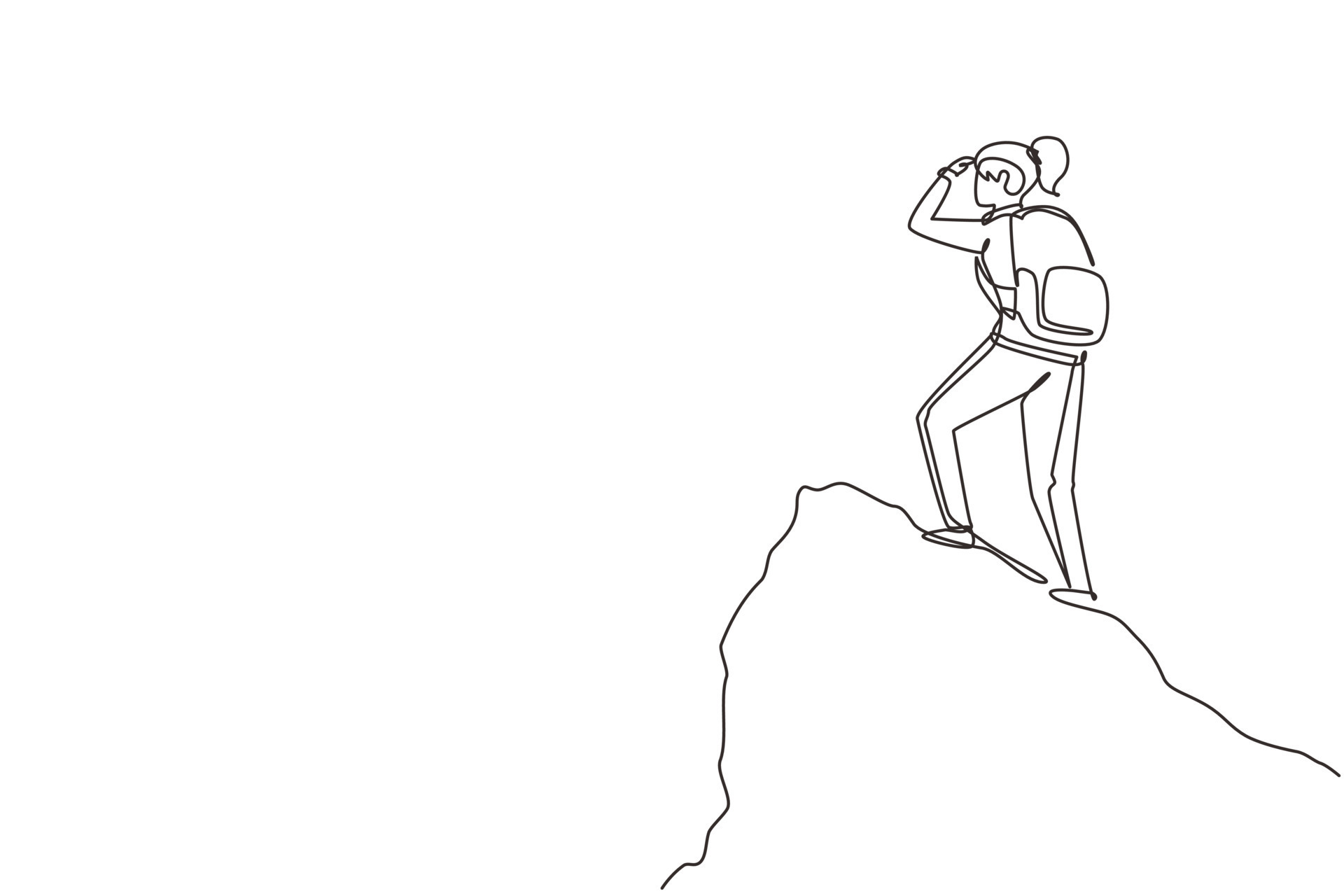 Continuous one line drawing woman traveler or explorer standing on top
