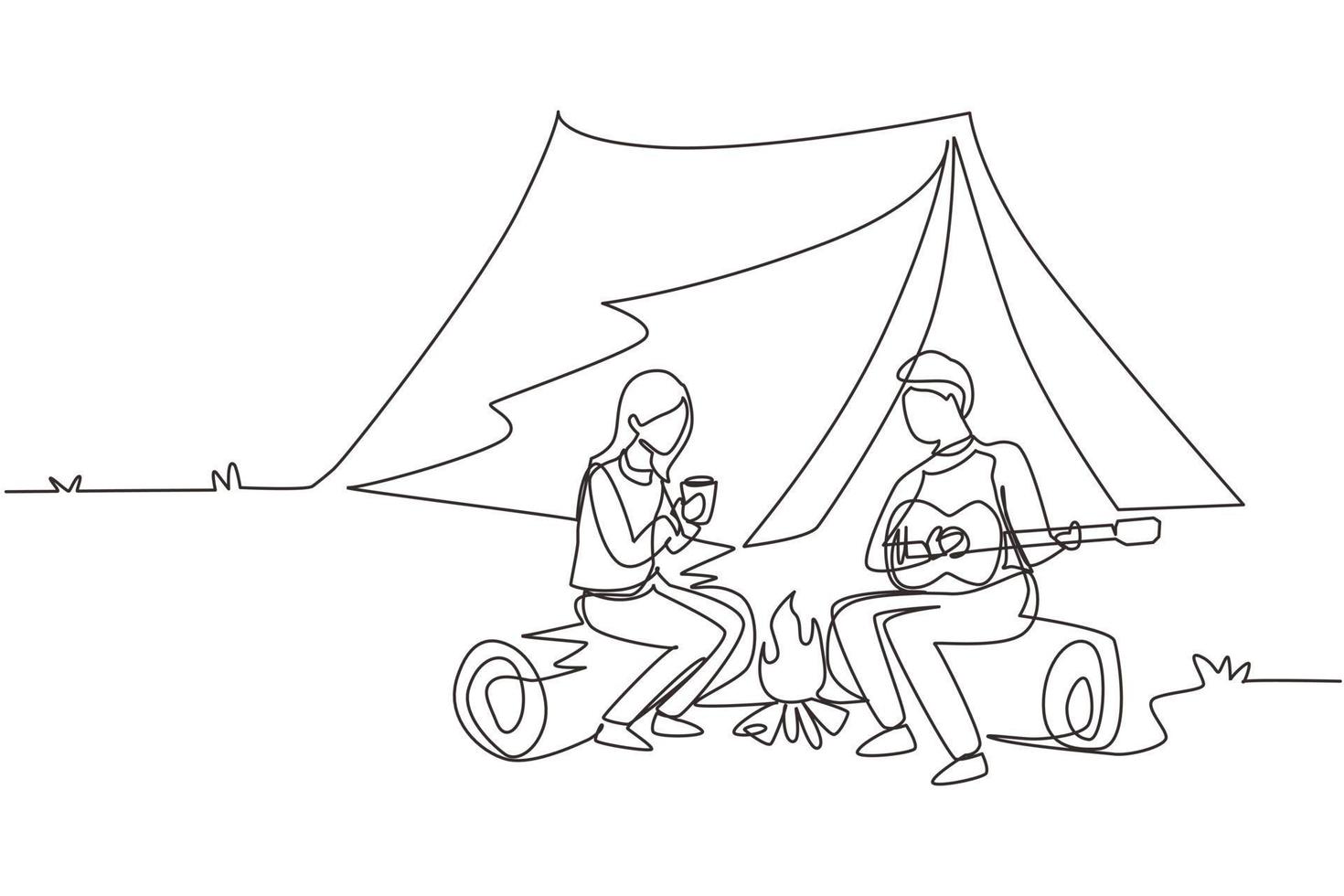 Single continuous line drawing man woman getting warm near campfire. Girl drinking tea and guy playing guitar, sitting on logs. Couple near bonfire, romantic date camping. One line draw design vector