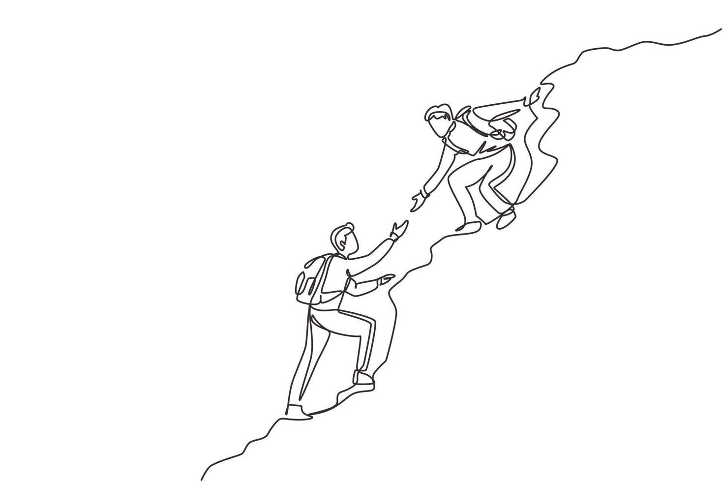 Single one line drawing two men hiker helping each other on top of mountain. Teamwork hiking help each other trust assistance. Achievement goal concept. Continuous line draw design vector illustration