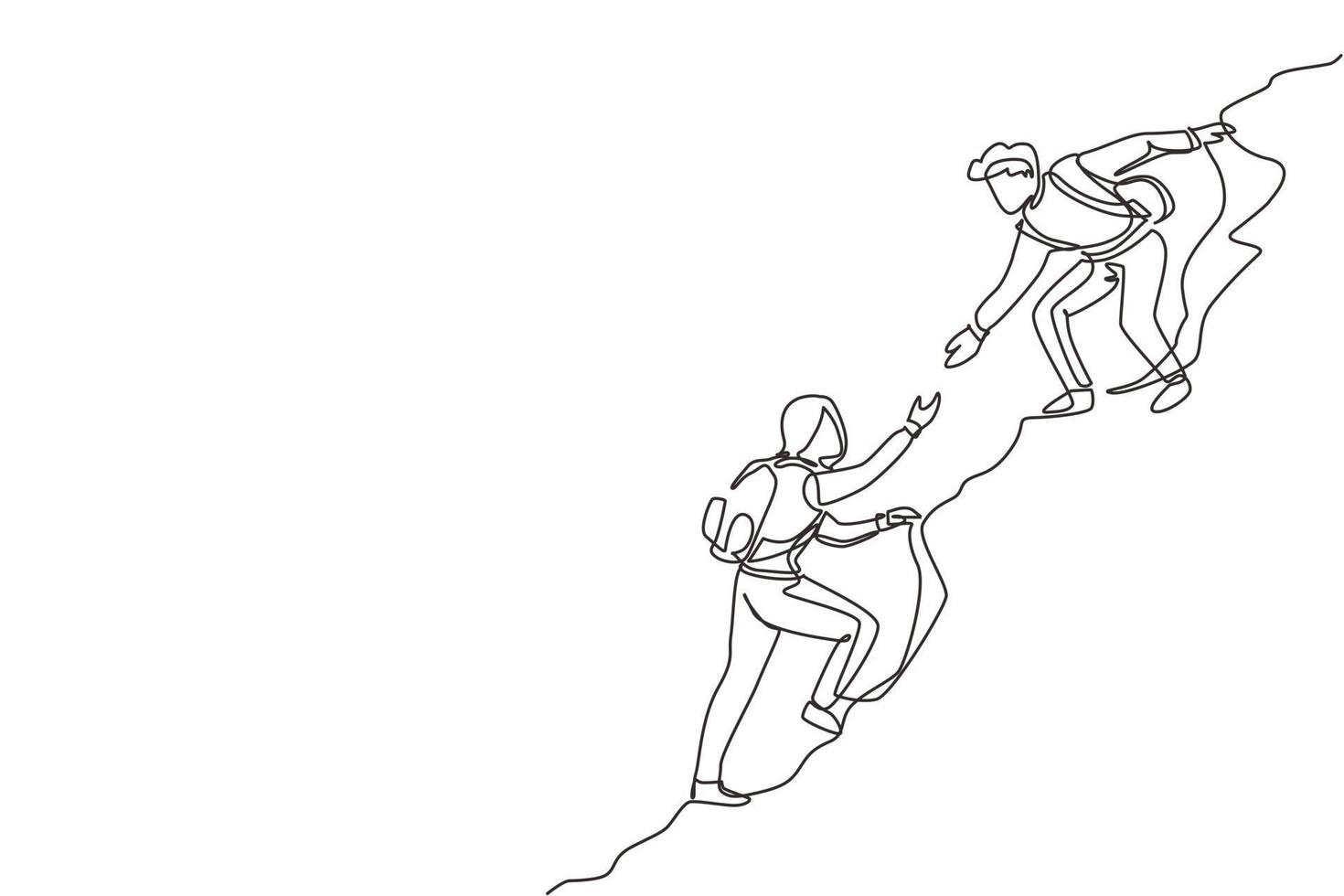 Continuous one line drawing man woman success on peak of mountain, Teamwork couple hiking, trust assistance in mountains, Team of climbers helping hand on mountain top. Single line draw design vector
