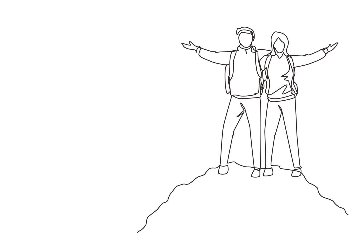 Single continuous line drawing climber man woman stands with arms outstretched on top of mountains. Couple raised they hands up in joy. Achieving success. One line draw design vector illustration