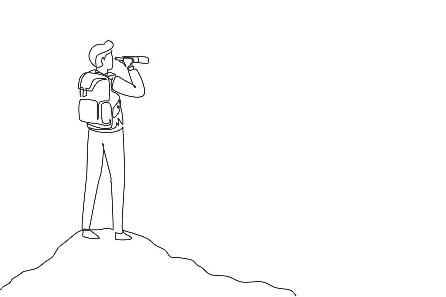 Single continuous line drawing man with backpack, binoculars in summer mountain landscape, outdoor activity, travel, camping, backpacking trip or expedition. One line draw design vector illustration
