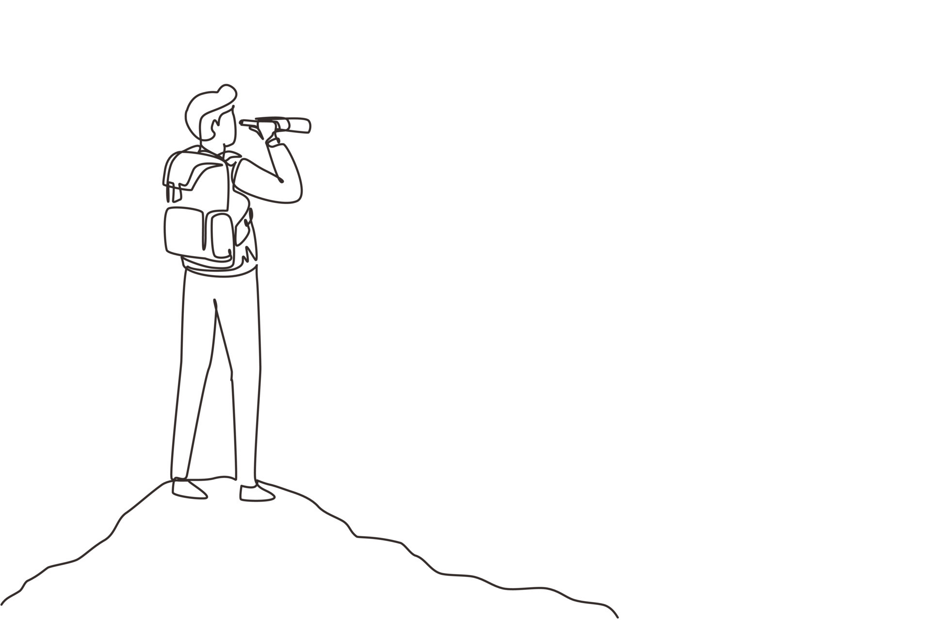 Single continuous line drawing man with backpack, binoculars in summer