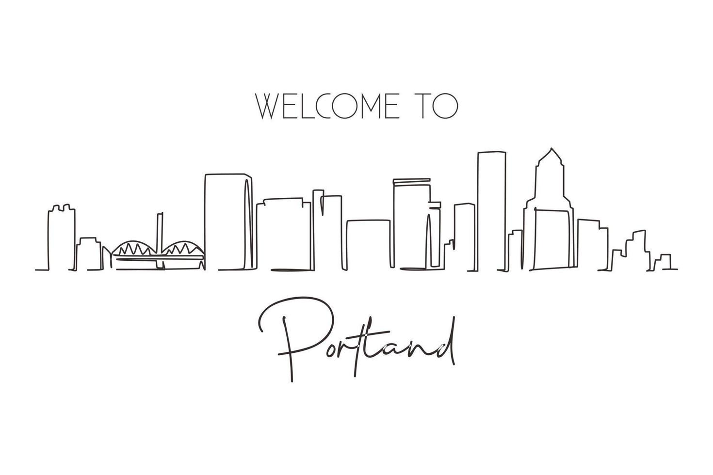 Single one line drawing Portland city skyline, Oregon. Beautiful landmark. Beautiful world landscape tourism travel wall decor poster, postcard. Continuous line draw design graphic vector illustration