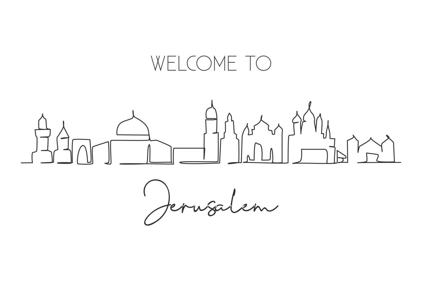 dibujo de una sola línea del horizonte de la ciudad de jerusalén, palestina. famosa ciudad santa para la impresión de decoración de paredes. concepto de viaje mundial. ilustración de vector gráfico de diseño de dibujo de línea continua moderna de trazo editable