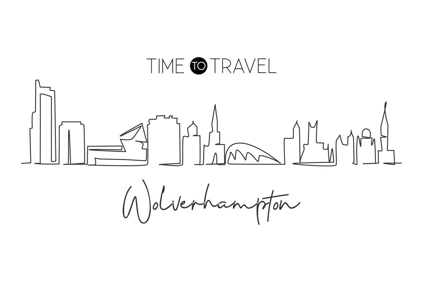 Single continuous line drawing Wolverhampton city skyline, England. World historical town landscape. Best holiday destination postcard print. Editable stroke trendy one line draw graphic design vector