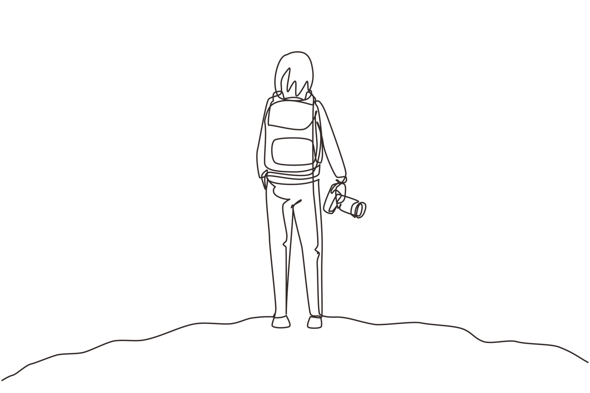 Single one line drawing back view woman holding camera standing on hill