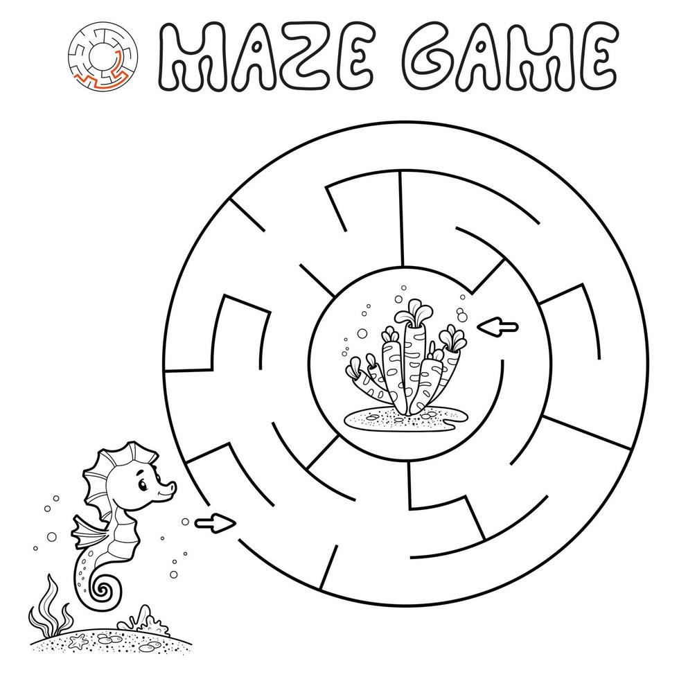 Maze puzzle game for children. Outline circle maze or labyrinth game with fish. vector