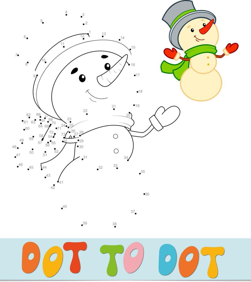 Dot to dot Christmas puzzle. Connect dots game. Snowman vector illustration