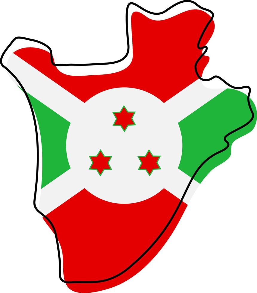 mapa de contorno estilizado de burundi con icono de bandera nacional. mapa de color de la bandera de burundi ilustración vectorial. vector