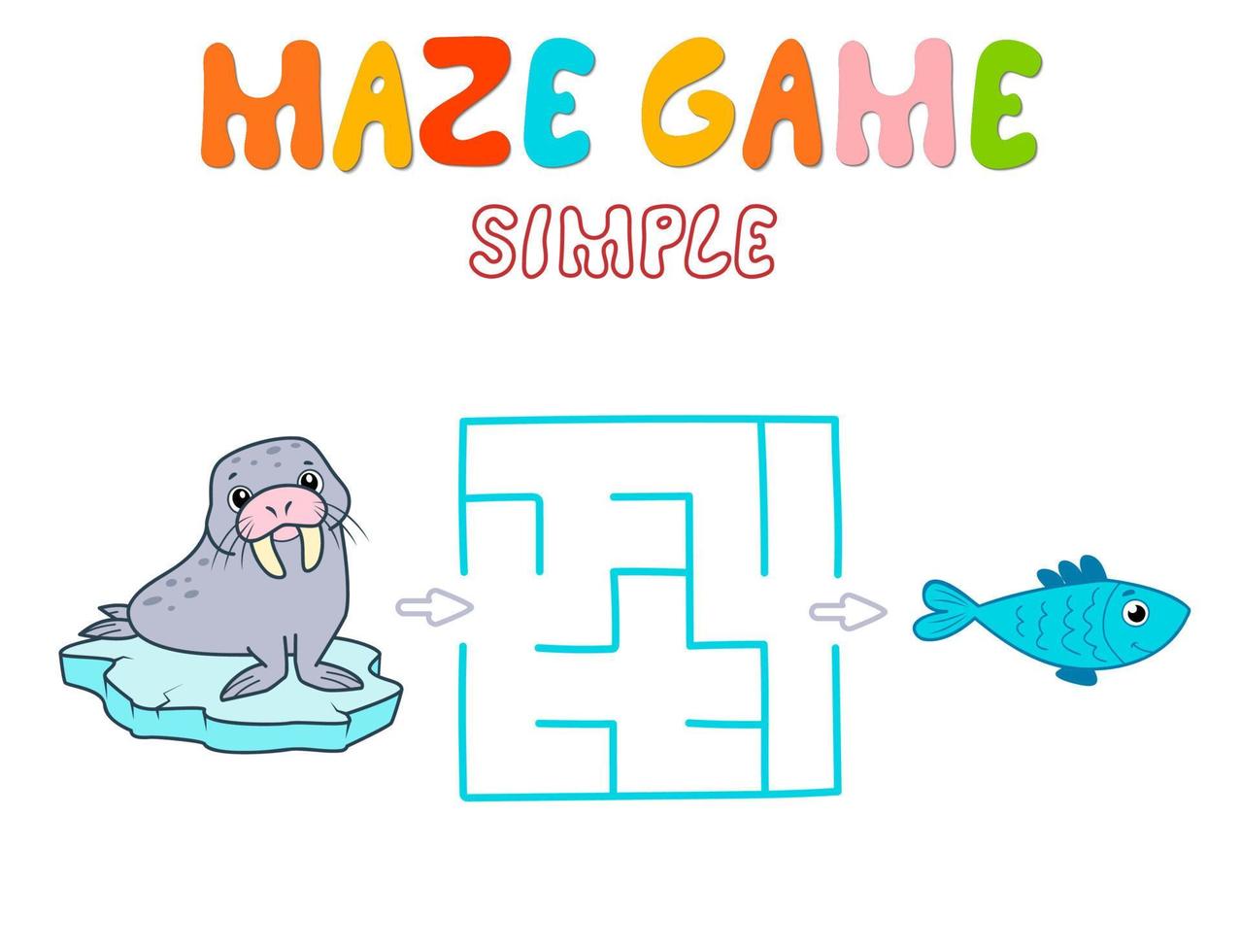 Simple Maze puzzle game for children. Color simple maze or labyrinth game with walrus. vector