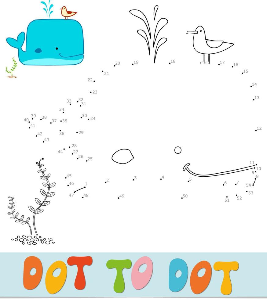 Dot to dot puzzle for children. Connect dots game. Whale vector illustration