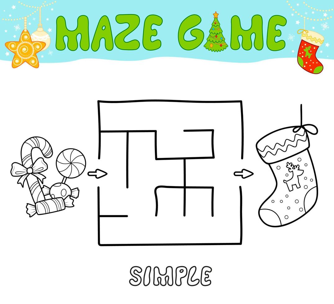 Christmas Maze puzzle game for children. Simple outline maze or labyrinth game with christmas Sock. vector