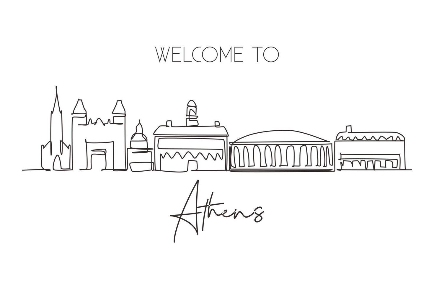 Single continuous line drawing Athens city skyline, Ohio. Famous city scraper landscape. World travel home wall decor art poster print concept. Dynamic one line draw graphic design vector illustration