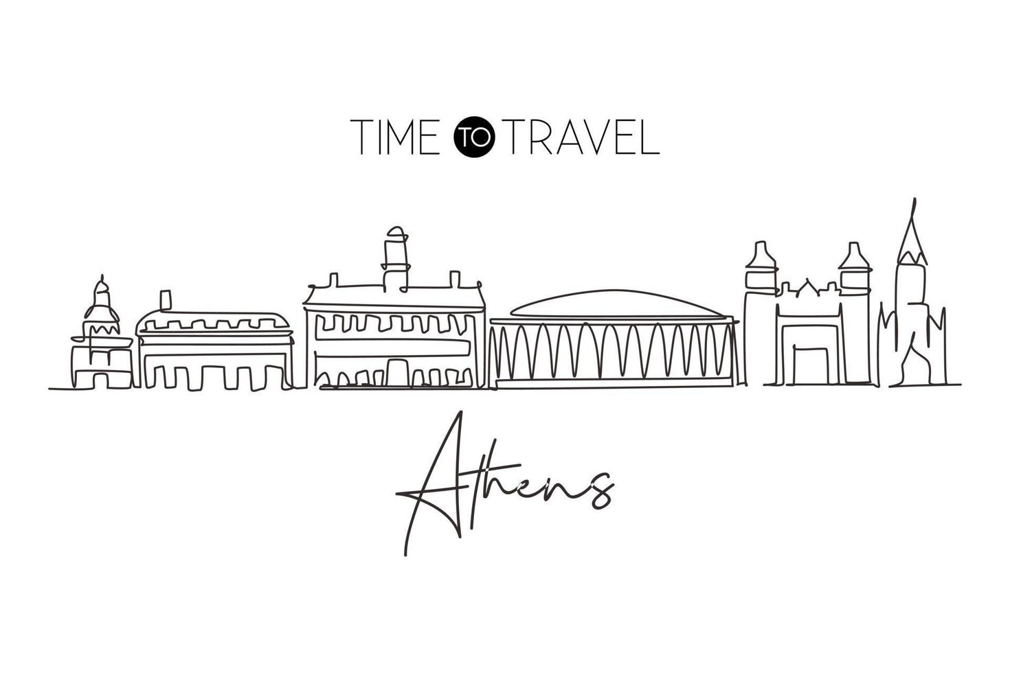 Continuous one line drawing Athens city skyline, Ohio. Beautiful landmark. Beautiful world landscape tourism travel wall decor poster, postcard. Single line draw design vector graphic illustration