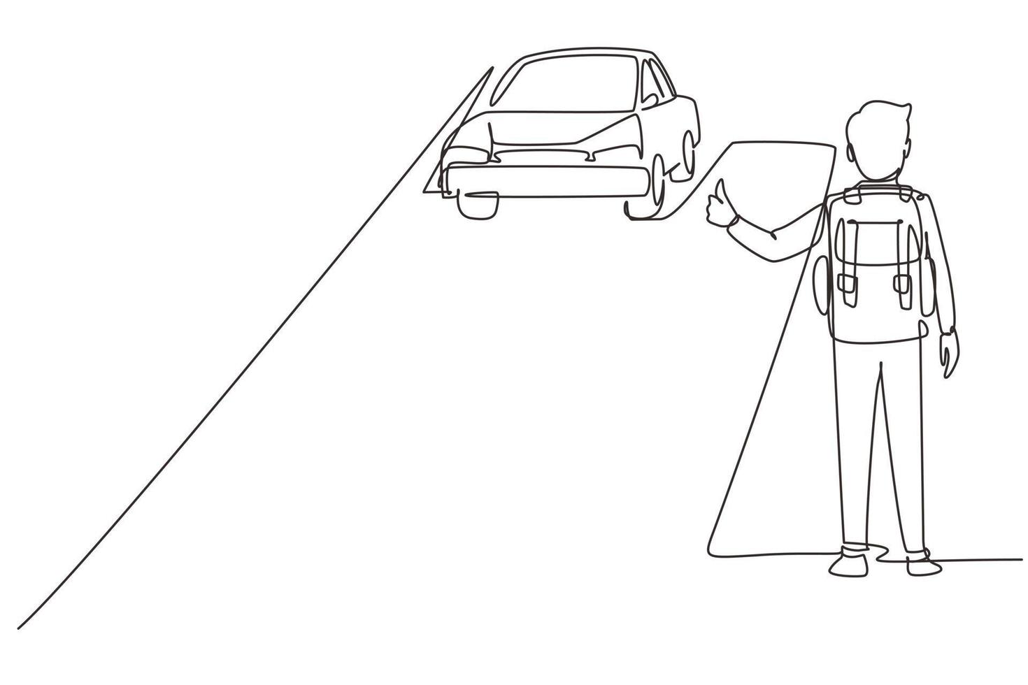 Single continuous line drawing hitchhiking road travel. Man with big backpack stopped ride by thumbing. Vacation and trip concept for banner, website. One line draw graphic design vector illustration