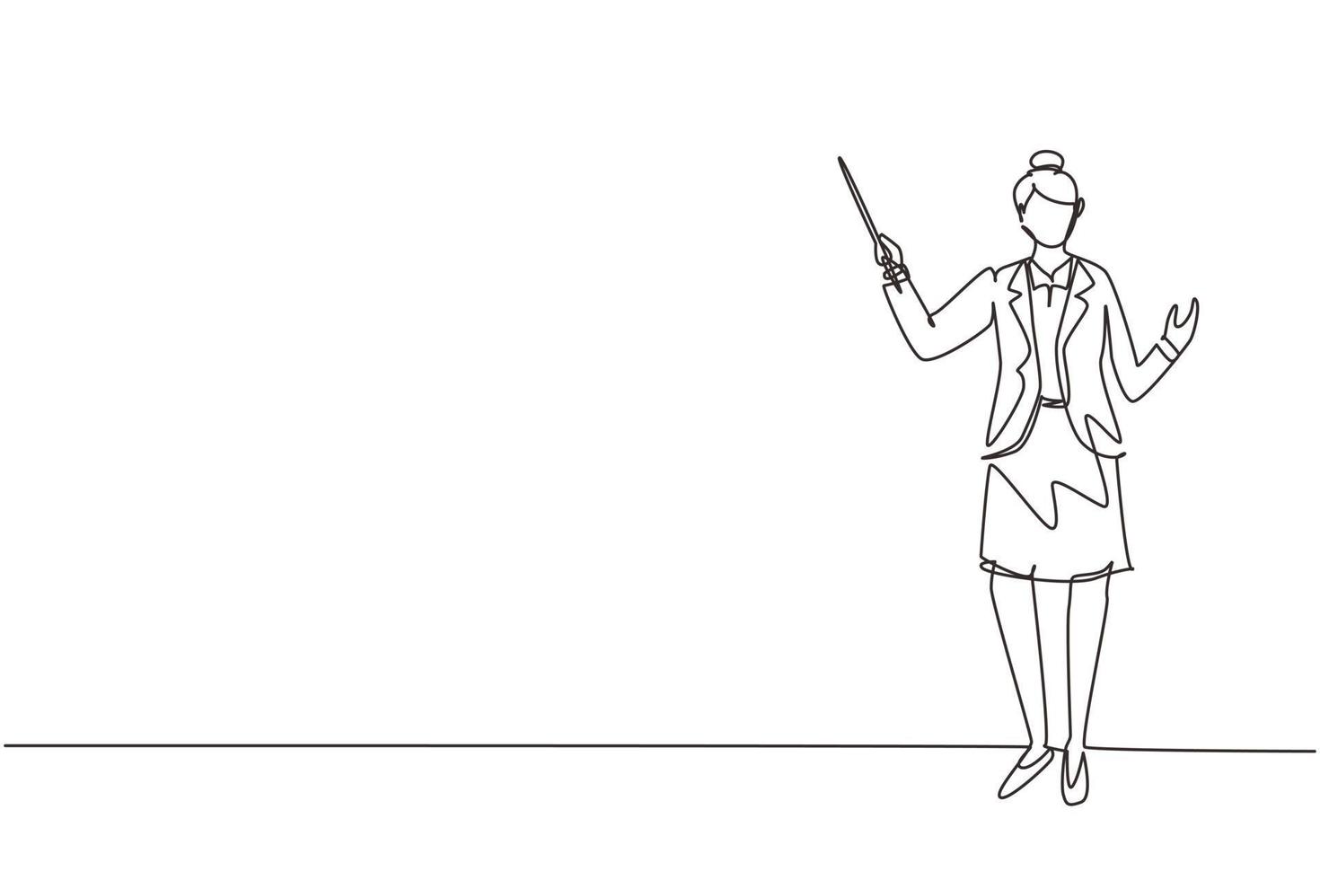 Single continuous line drawing school woman teacher standing with pointer. Lecturer, instructor, businesswoman for educational concepts, courses, trainings. One line draw design vector illustration