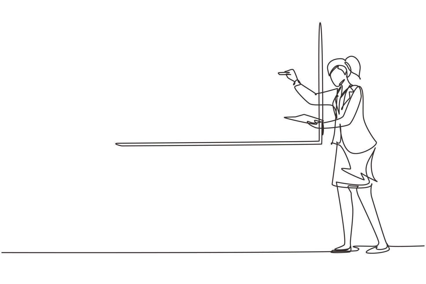 Single one line drawing business woman teacher standing in front of the white board, holding book and writing business plan strategy and tactics theory. Continuous line draw design vector illustration