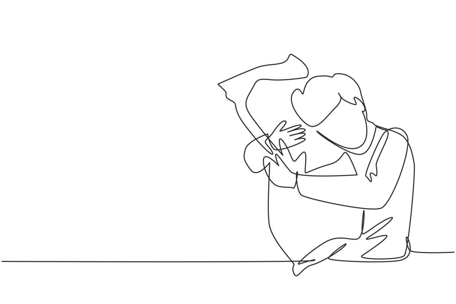 una sola línea continua dibujando a un hombre durmiendo mientras abraza una almohada. actividades de las personas. dulce sueño o concepto de sueño. el hombre tomó una pastilla para dormir para el insomnio. ilustración de vector de diseño de dibujo de una línea