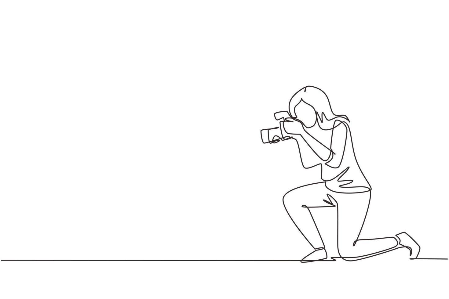 Single one line drawing photographer woman taking pictures. Photo equipment for journalist. Camera digital with high resolution. Studio photography. Continuous line draw design vector illustration