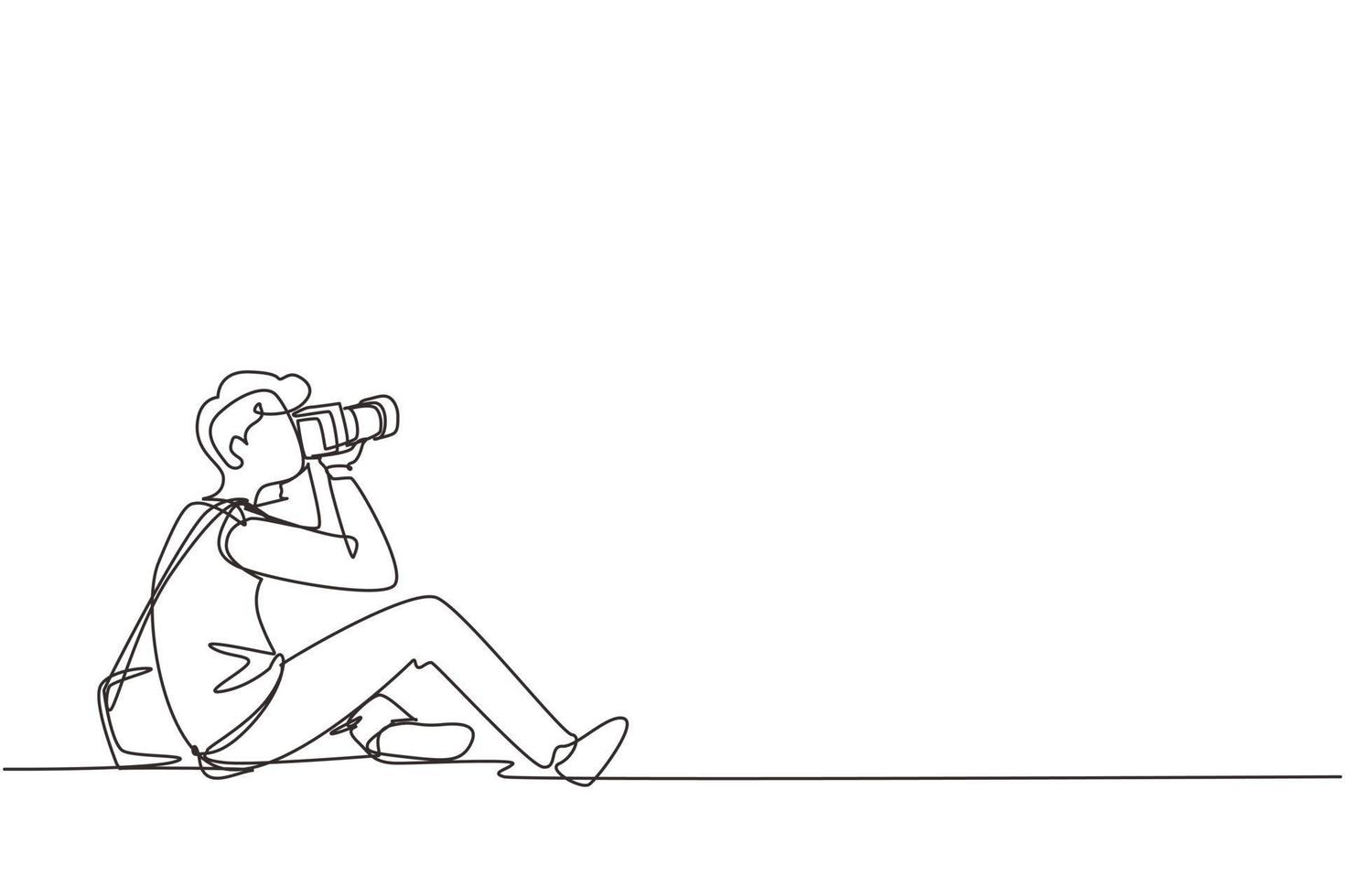 Single one line drawing photographer of paparazzi taking photo with modern digital camera with angles. Journalist or reporter making pictures. Continuous line draw design graphic vector illustration