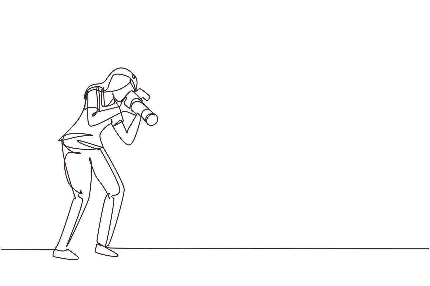 Single continuous line drawing funny professional woman photographer with camera taking photo with pose. Photographer female character with camera digital. One line draw design vector illustration